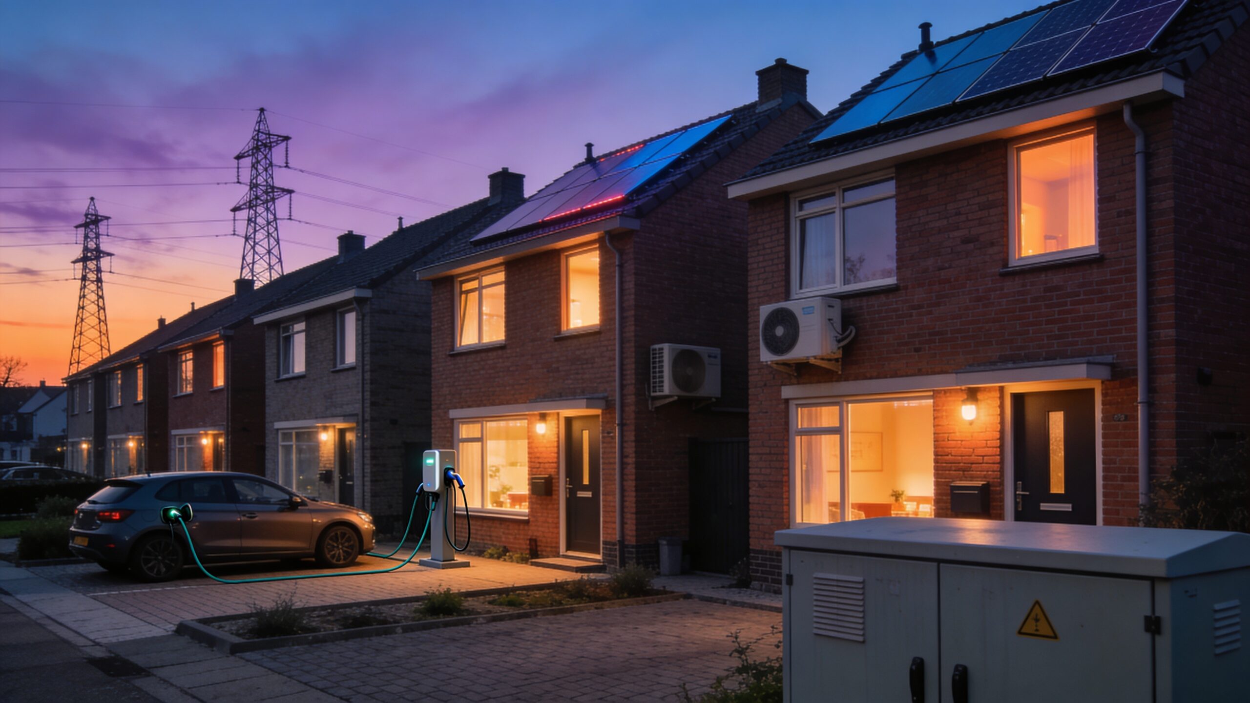 Nederlandse woonwijk bij schemering met elektrische auto aan de lader, warmtepomp en zonnepanelen op rijtjeshuizen, met op de achtergrond hoogspanningsmasten