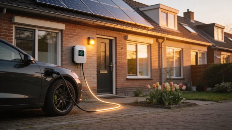 Elektrische auto aan een wallbox-lader bij een Nederlandse woning met zonnepanelen, die bidirectioneel laden suggereert