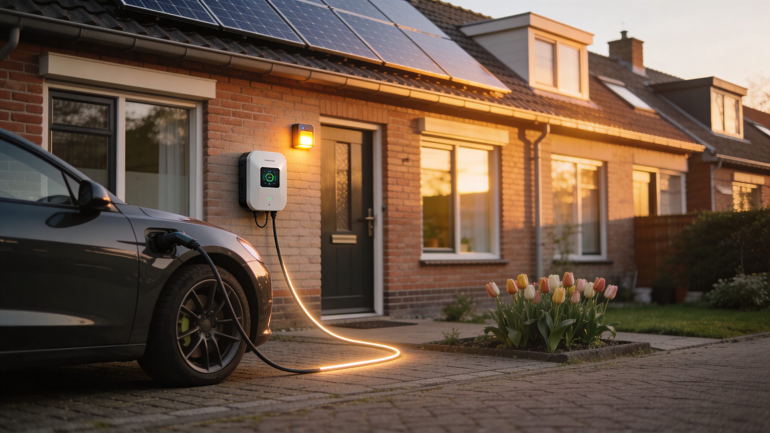 Elektrische auto aan een wallbox-lader bij een Nederlandse woning met zonnepanelen, die bidirectioneel laden suggereert