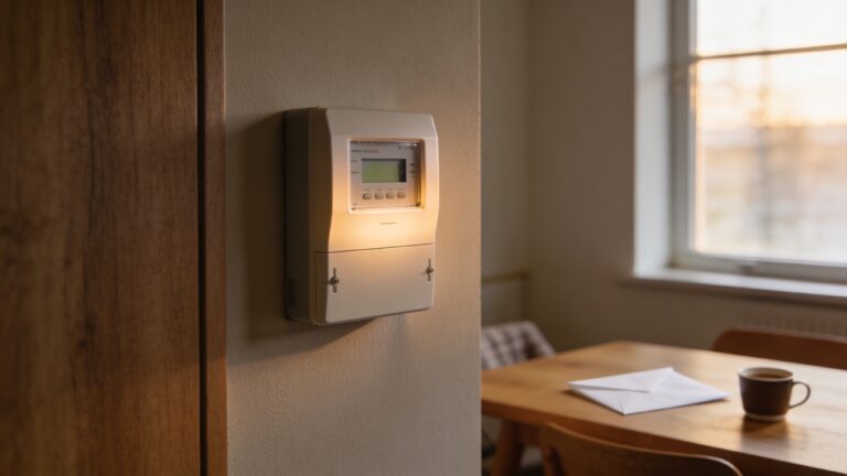 Een slimme energiemeter aan een muur in een Nederlands huis met een ongeopende envelop op tafel op de achtergrond