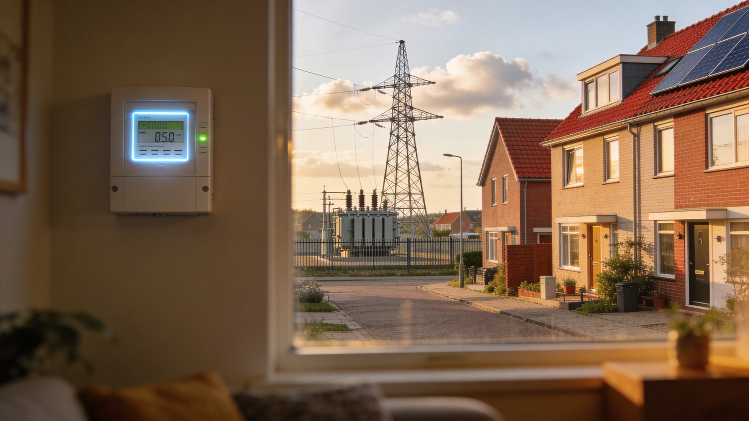 Nederlands hoogspanningsstation achter een woonwijk met zonnepanelen, symbool voor netcongestie en dynamische stroomprijzen