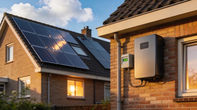 Nederlandse rijtjeswoning met zonnepanelen op het dak en thuisbatterij aan de gevel in late lentemiddag
