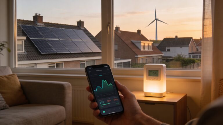 Hand met smartphone die schommelende energieprijzen toont in een Nederlandse woonkamer met zonnepanelen en windturbine in beeld