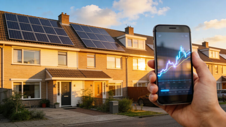 Nederlandse woning met zonnepanelen op het dak in avondzon, met smartphone die een energieprijsgrafiek toont