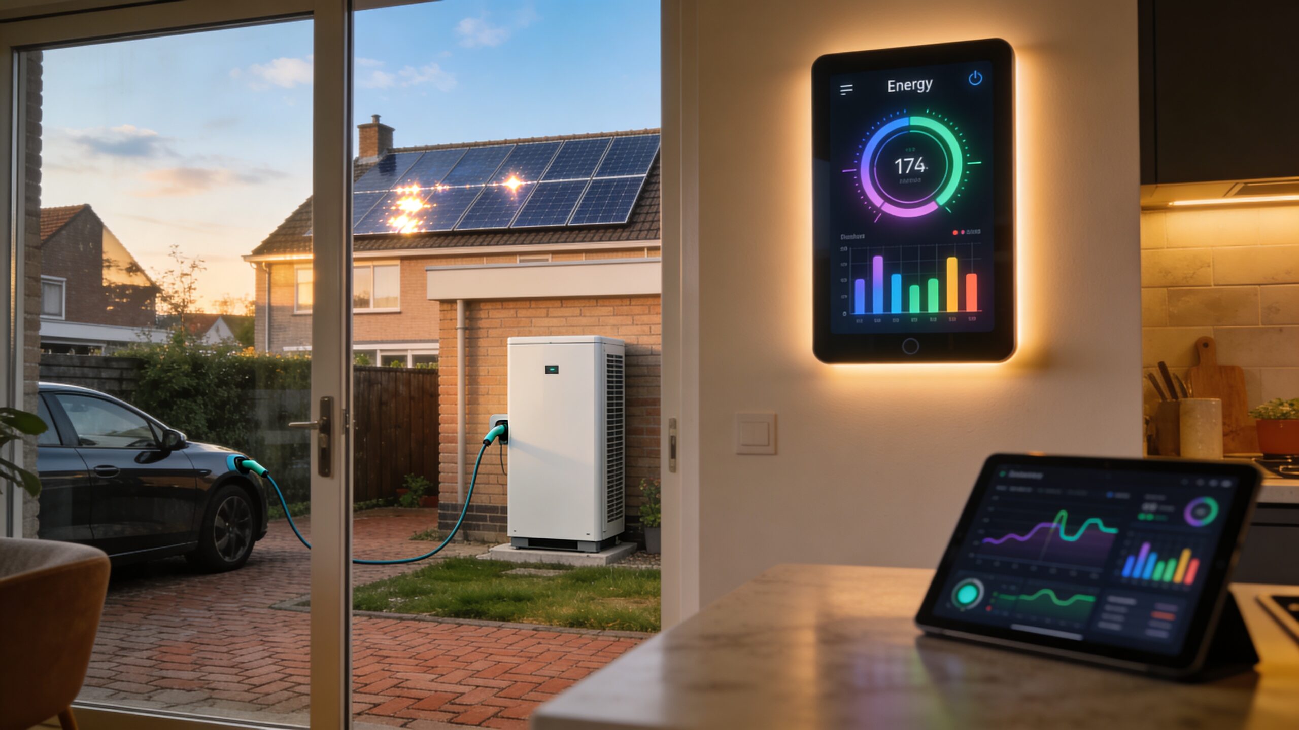 Modern Nederlands huis met zonnepanelen, warmtepomp, elektrische auto en slim energiedisplay