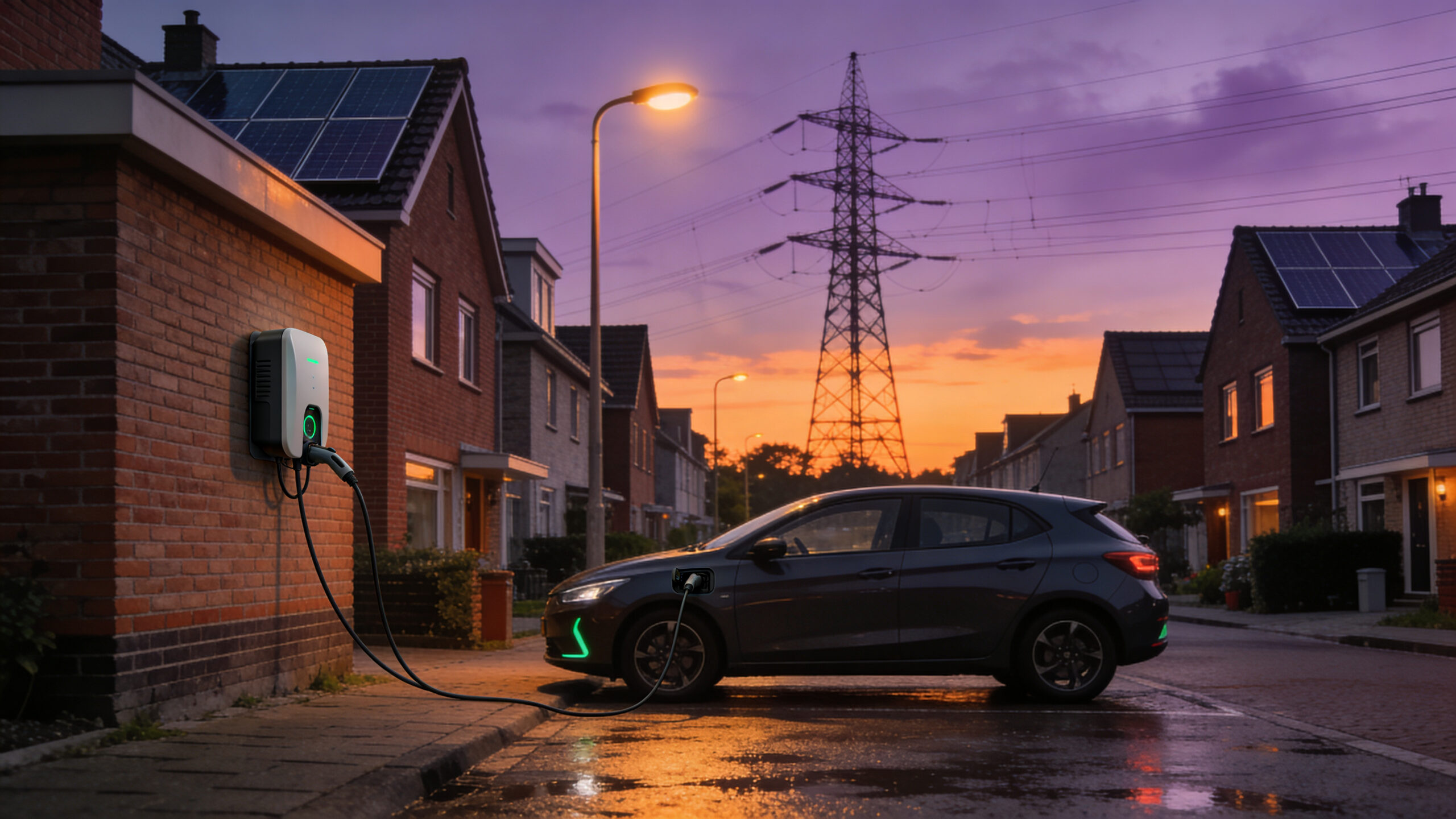 Nederlandse woonstraat met zonnepanelen, laadpaal en hoogspanningsmast in de schemering