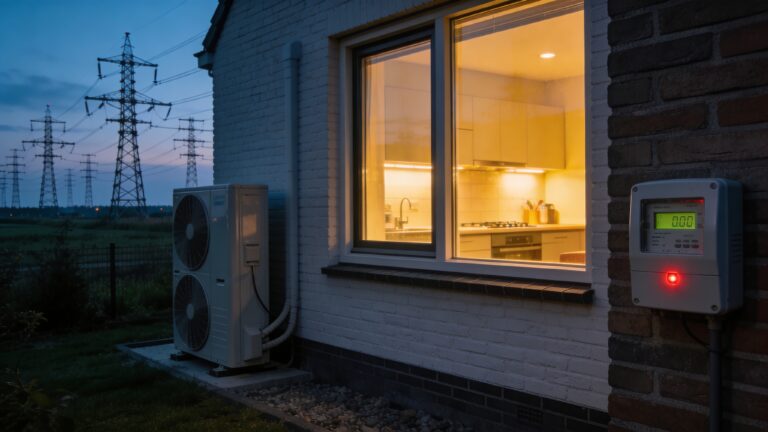 Buitenunit warmtepomp bij een Nederlandse woning in de avondschemering, illustratie bij artikel over tijdsafhankelijk nettarief en avondpiek