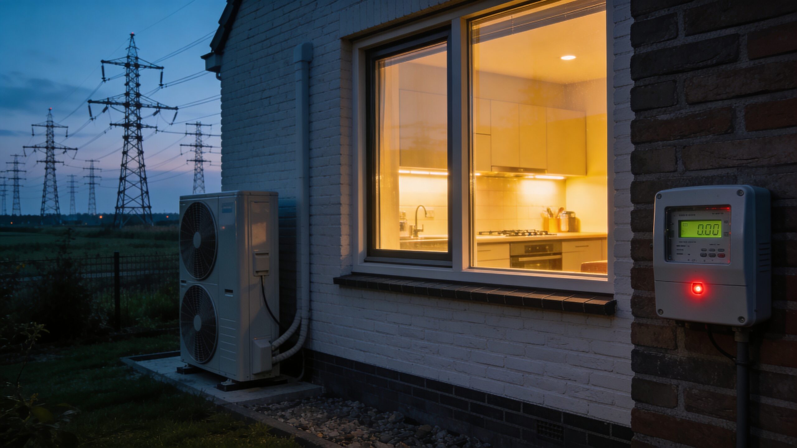 Buitenunit warmtepomp bij een Nederlandse woning in de avondschemering, illustratie bij artikel over tijdsafhankelijk nettarief en avondpiek