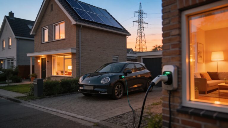Nederlandse woonstraat in de avond met zonnepanelen en hoogspanningsmast op de achtergrond als illustratie van nieuw tijdsafhankelijk nettarief