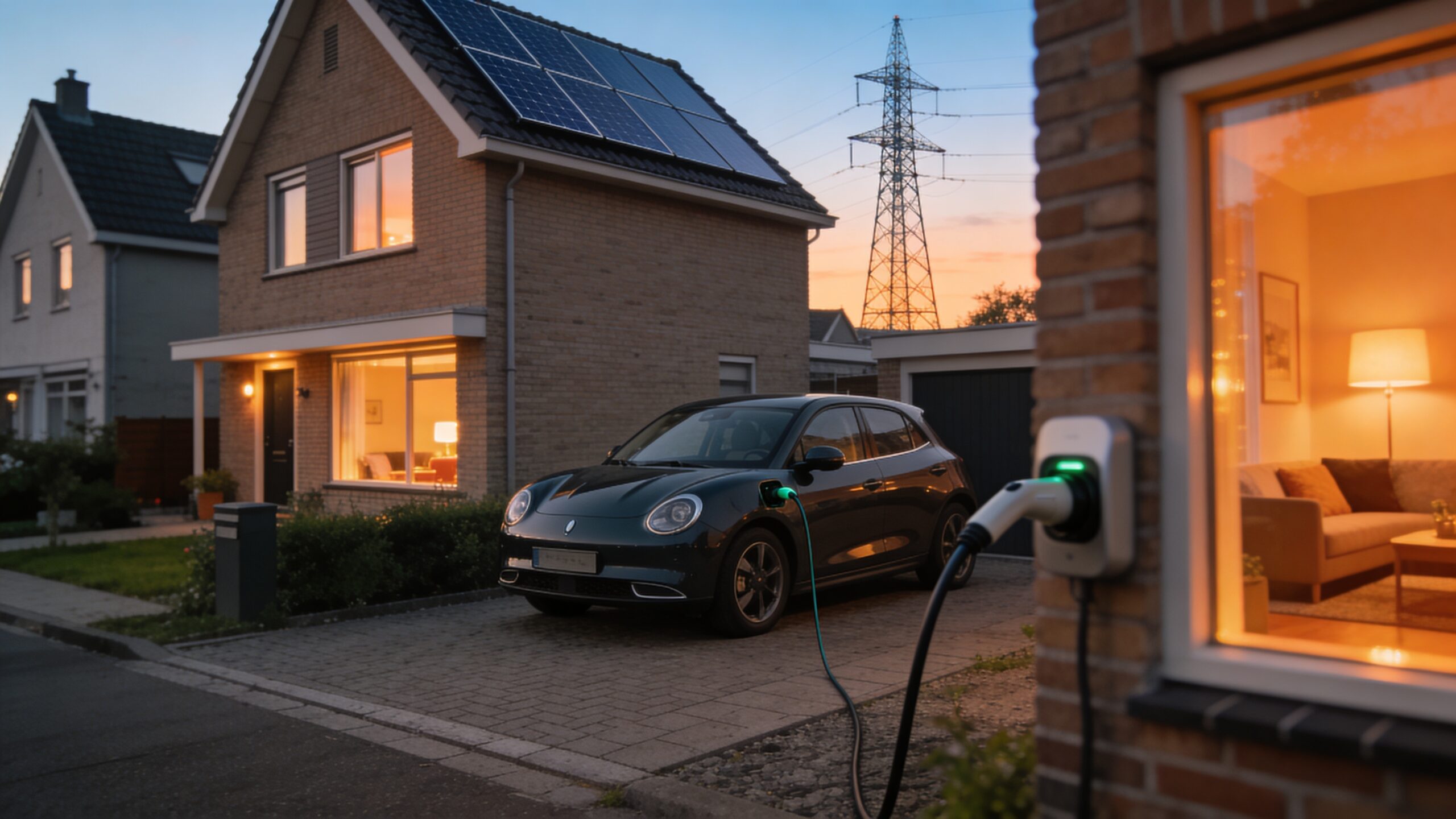Nederlandse woonstraat in de avond met zonnepanelen en hoogspanningsmast op de achtergrond als illustratie van nieuw tijdsafhankelijk nettarief