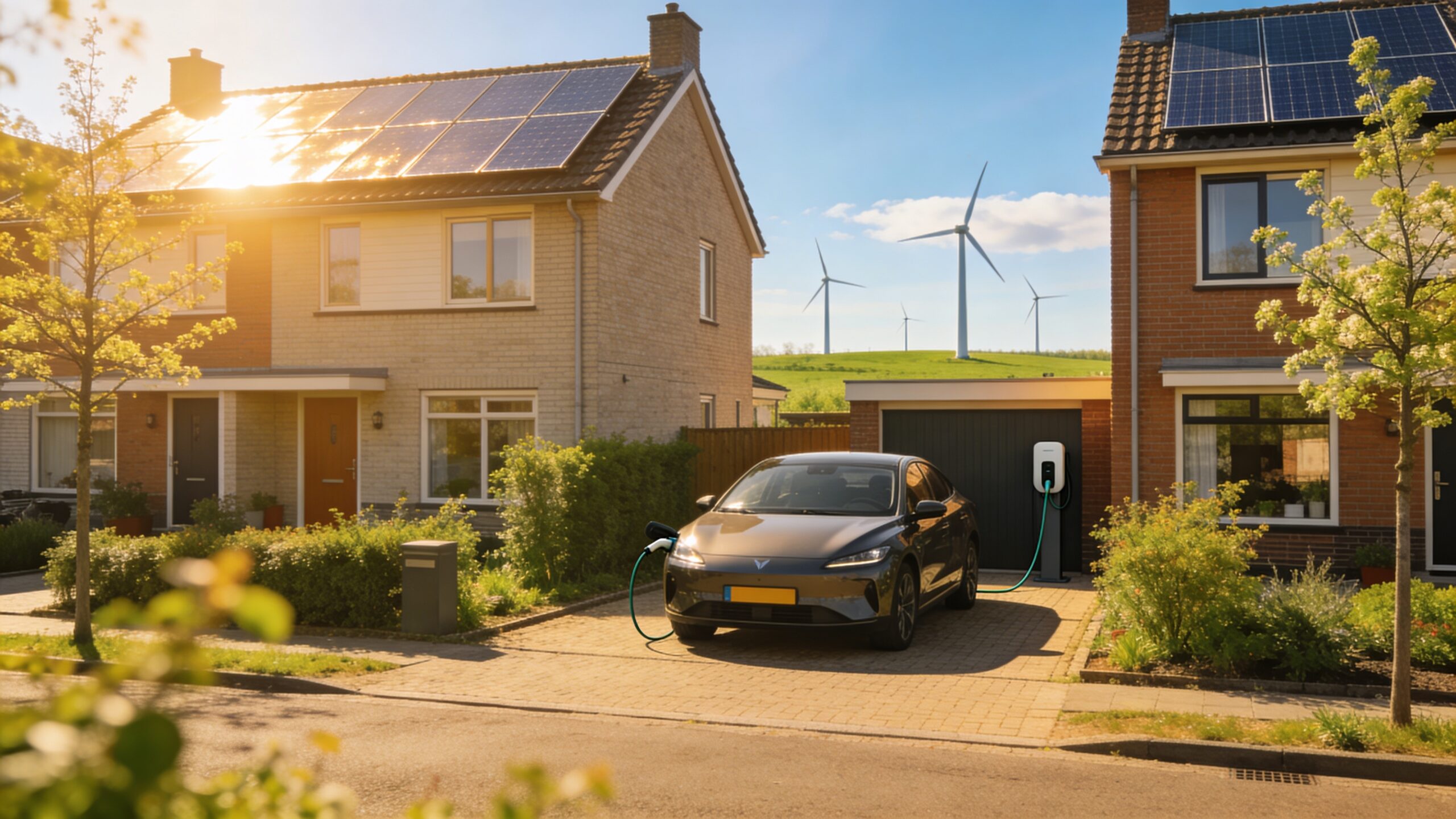 Zonnige Nederlandse straat met zonnepanelen op daken en windmolens aan de horizon tijdens het pinksterweekend