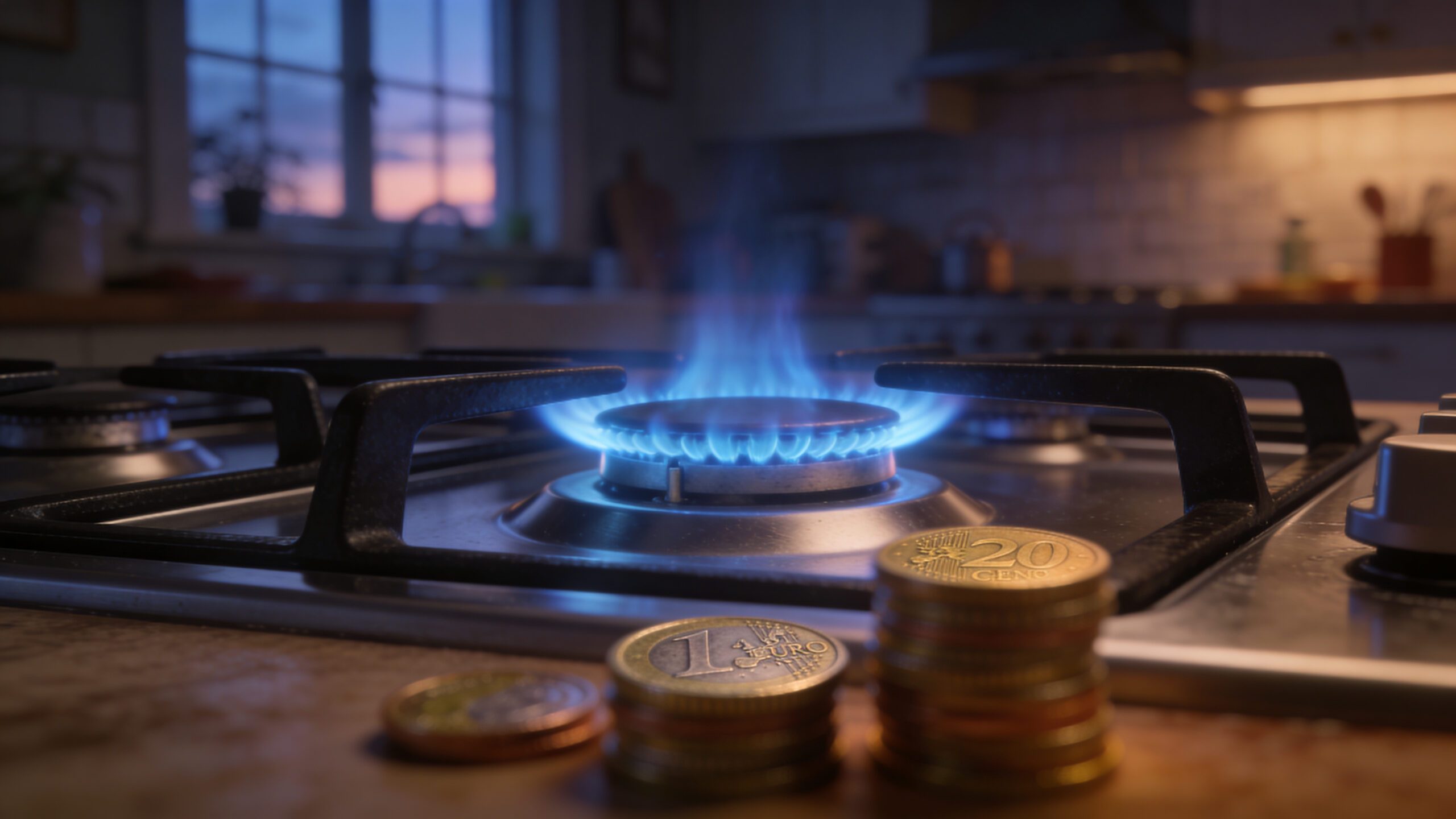 Blauwe gasvlam op een kookplaat met euromunten, symbool voor stijgende gaskosten door ETS-2
