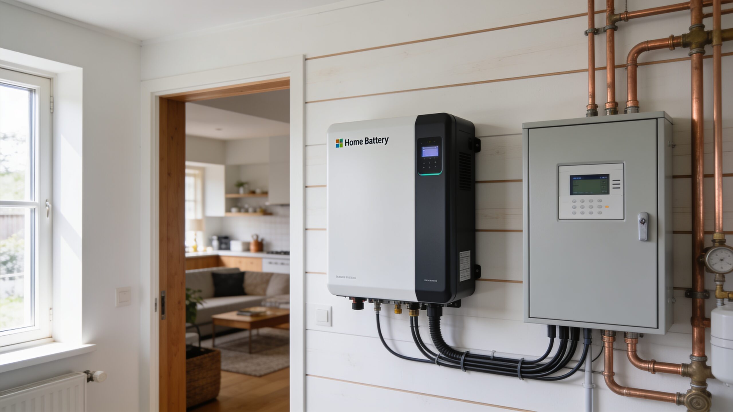Wandgemonteerde thuisbatterij in moderne meterkast met slimme meter en zacht daglicht