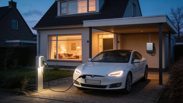 Elektrische auto laadt op een Nederlandse oprit in de winterschemering, met een verlichte woonkamer op de achtergrond