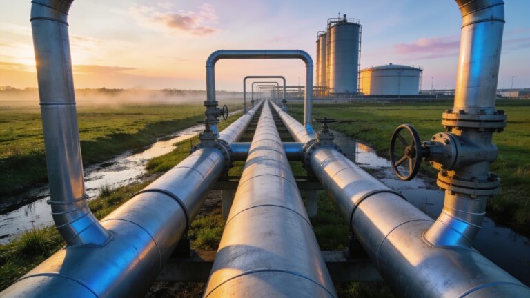 Bovengrondse installatie van een Nederlandse gasopslag in een polderlandschap tijdens zonsondergang