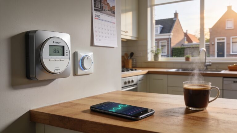 Slimme meter en smartphone op een keukenaanrecht symboliseren het vergelijken van energietarieven