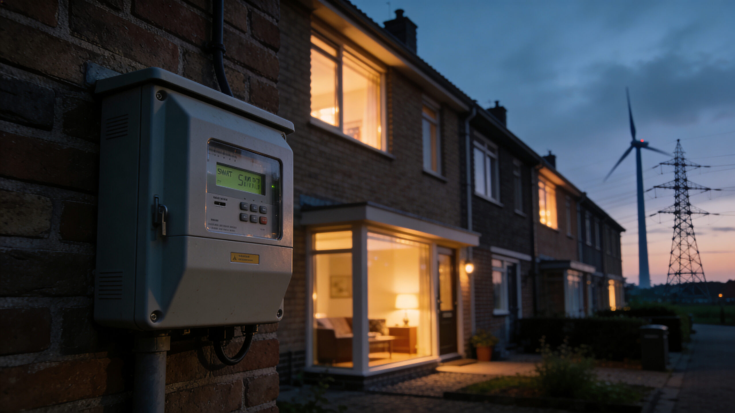 Nederlandse rijtjeswoning bij avondlicht met slimme meterkast in beeld en stroommasten op de achtergrond, illustratief bij inflatiecijfers van CBS over mei 2026