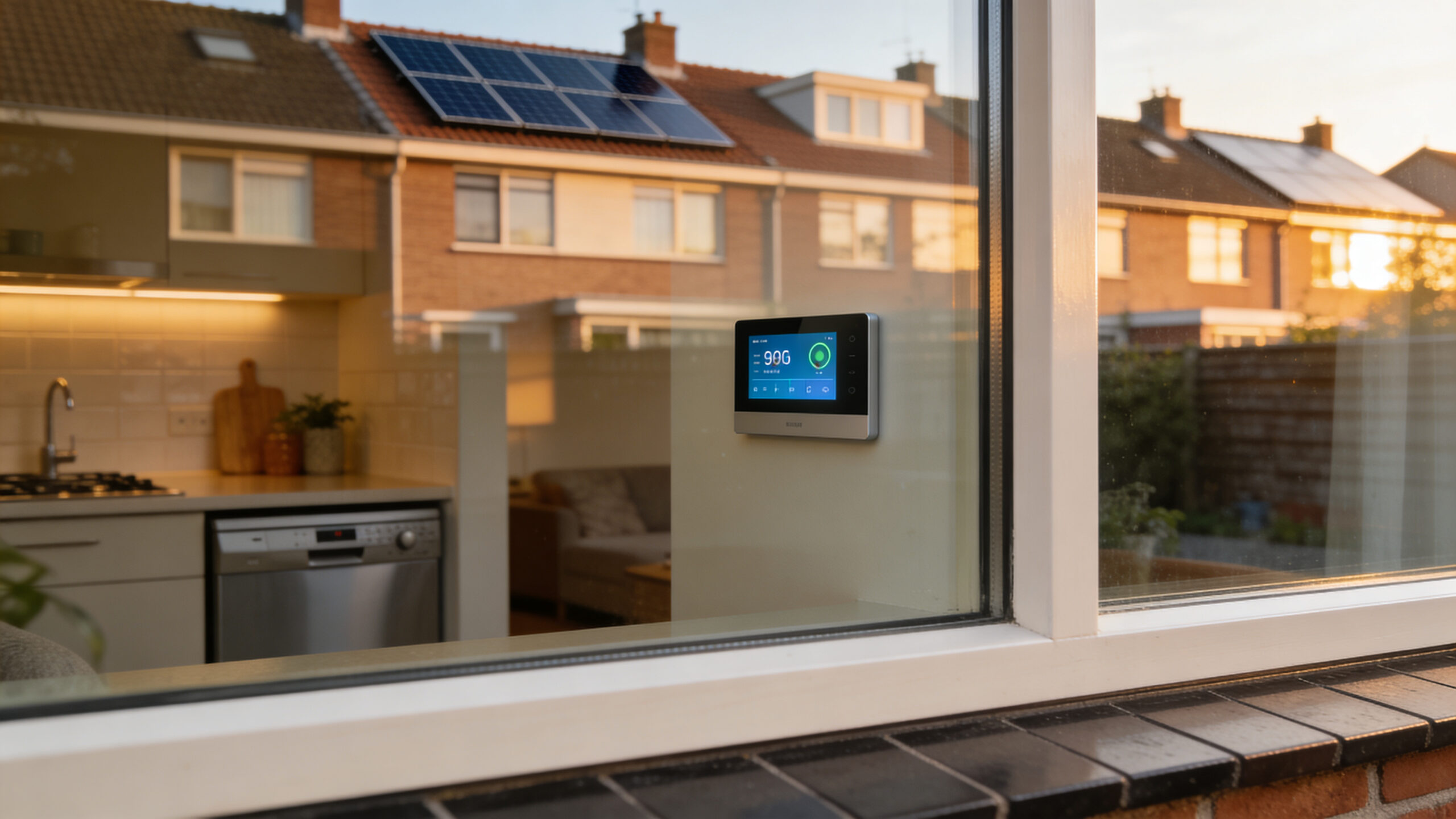 Nederlandse rijtjeswoning met zonnepanelen op het dak in avondzon