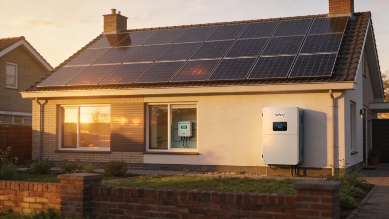 Nederlandse woning met zonnepanelen en thuisbatterij in avondlicht
