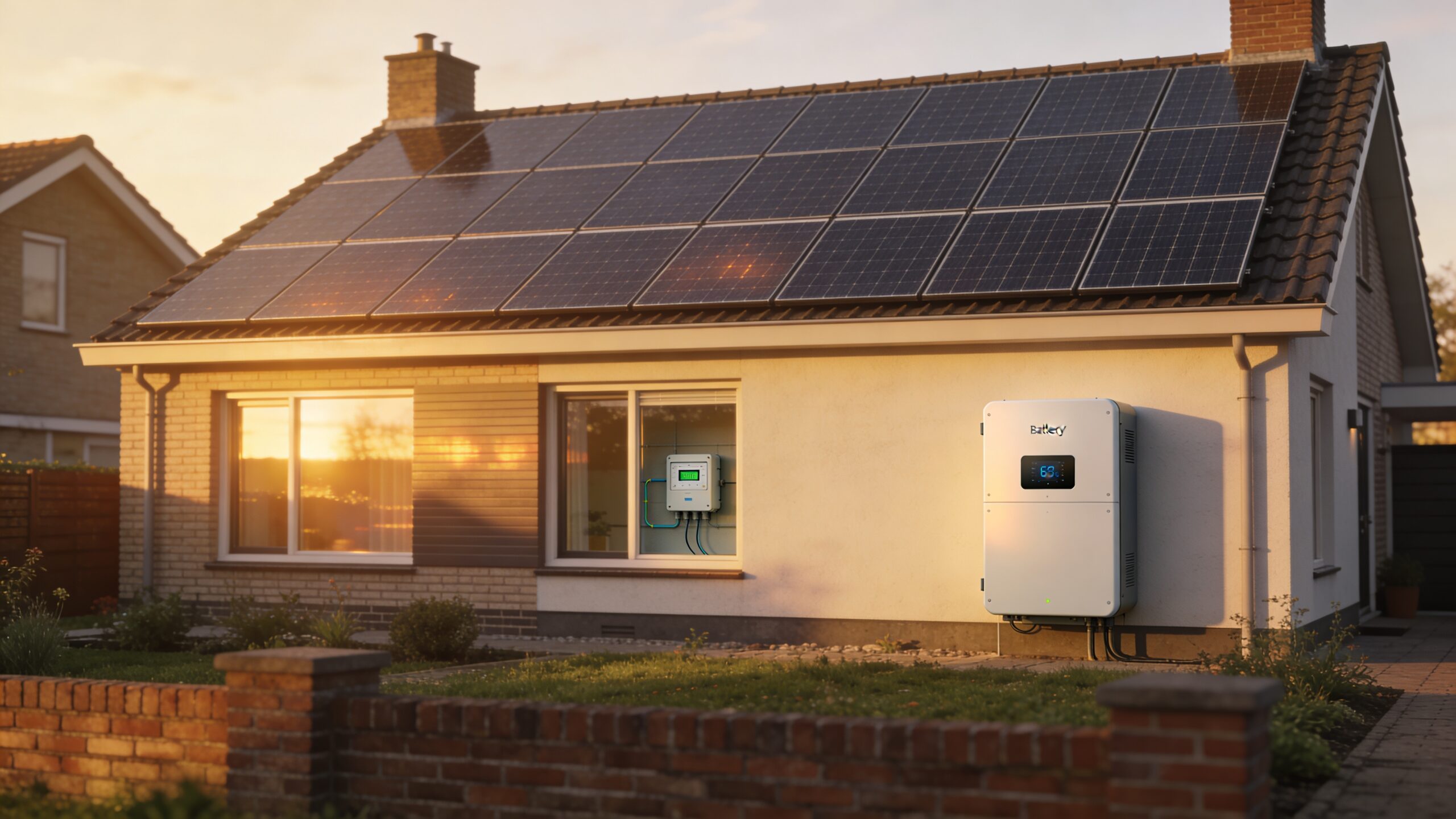 Nederlandse woning met zonnepanelen en thuisbatterij in avondlicht