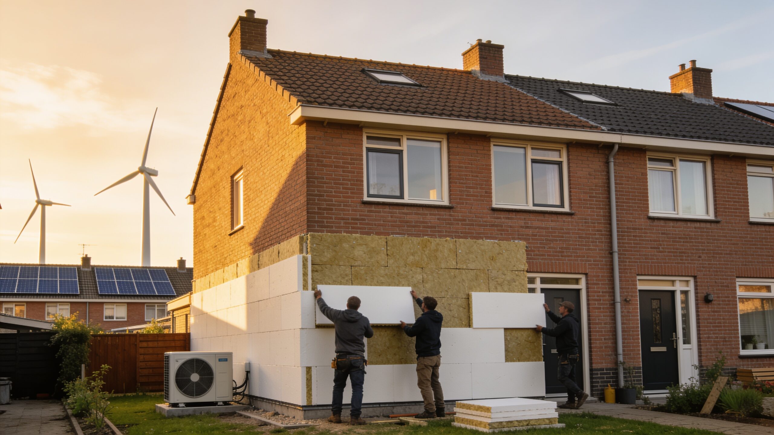 Nederlandse rij huizen met isolatiewerk, warmtepomp en zonnepanelen in de avondzon