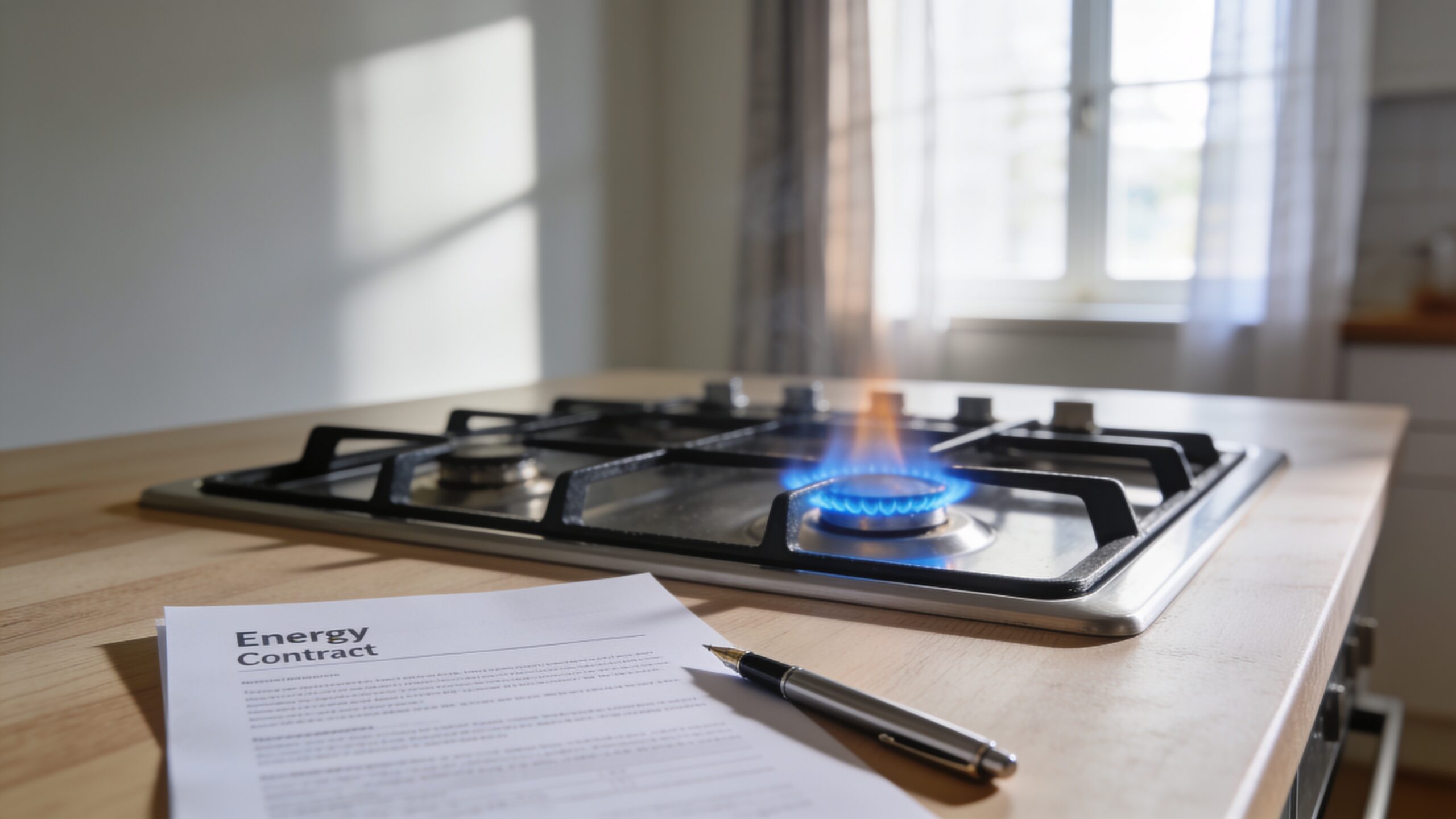 Energiecontract en pen op een keukentafel met op de achtergrond een gasfornuis met blauwe vlam