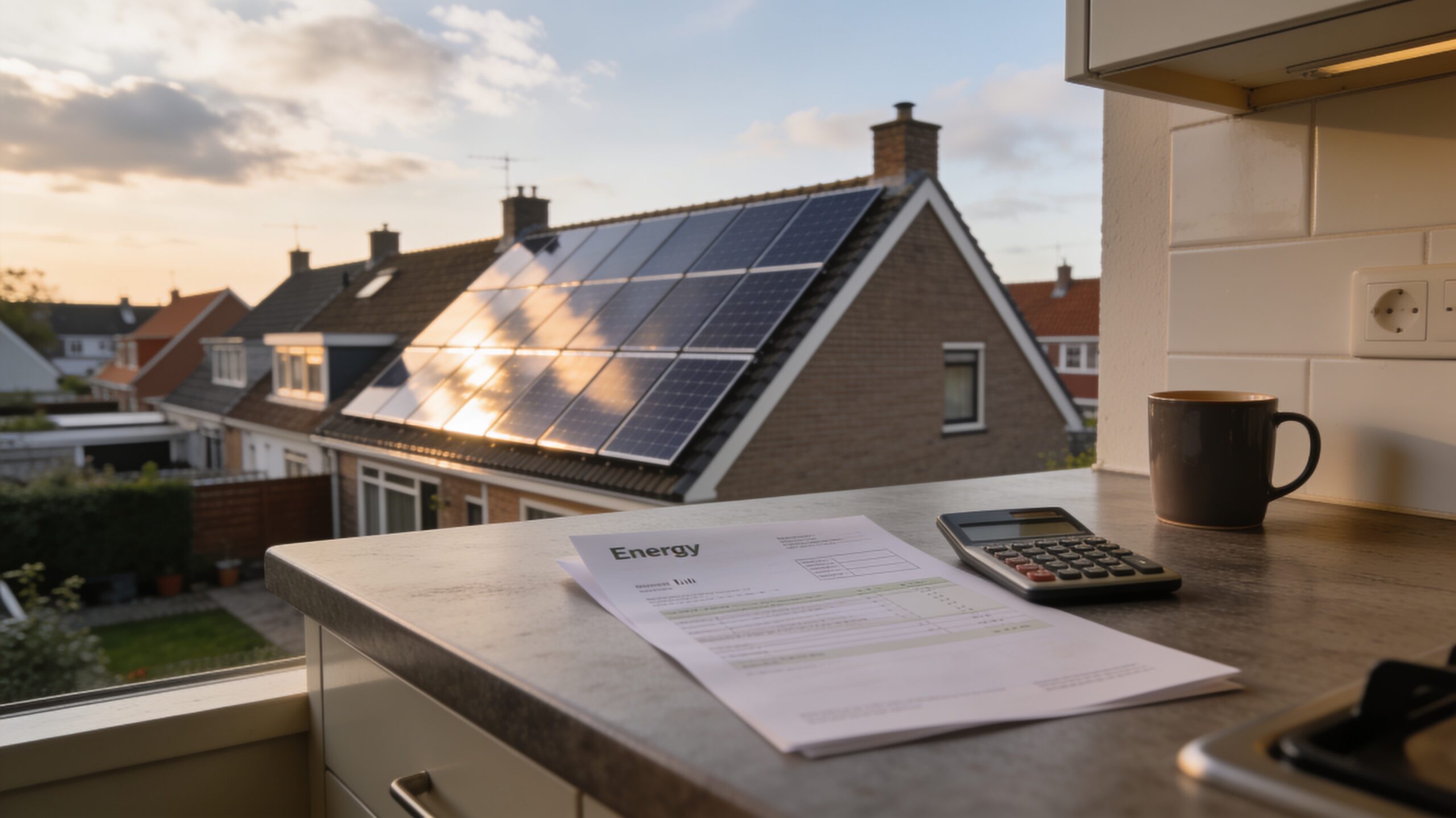 Zonnepanelen op een Nederlands dak met een energierekening op de keukentafel