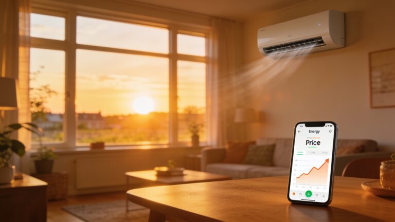 Moderne Nederlandse woonkamer op een warme zomeravond met airco aan en een energie-app op de telefoon