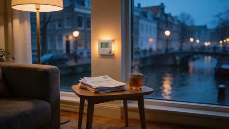 Nederlandse woonkamer bij avondlicht met thermostaat, stapel energierekeningen en dampende mok thee op een houten bijzettafel