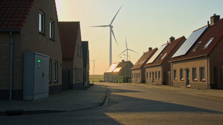 Nederlandse woonwijk met zonnepanelen op de daken en windmolens aan de horizon