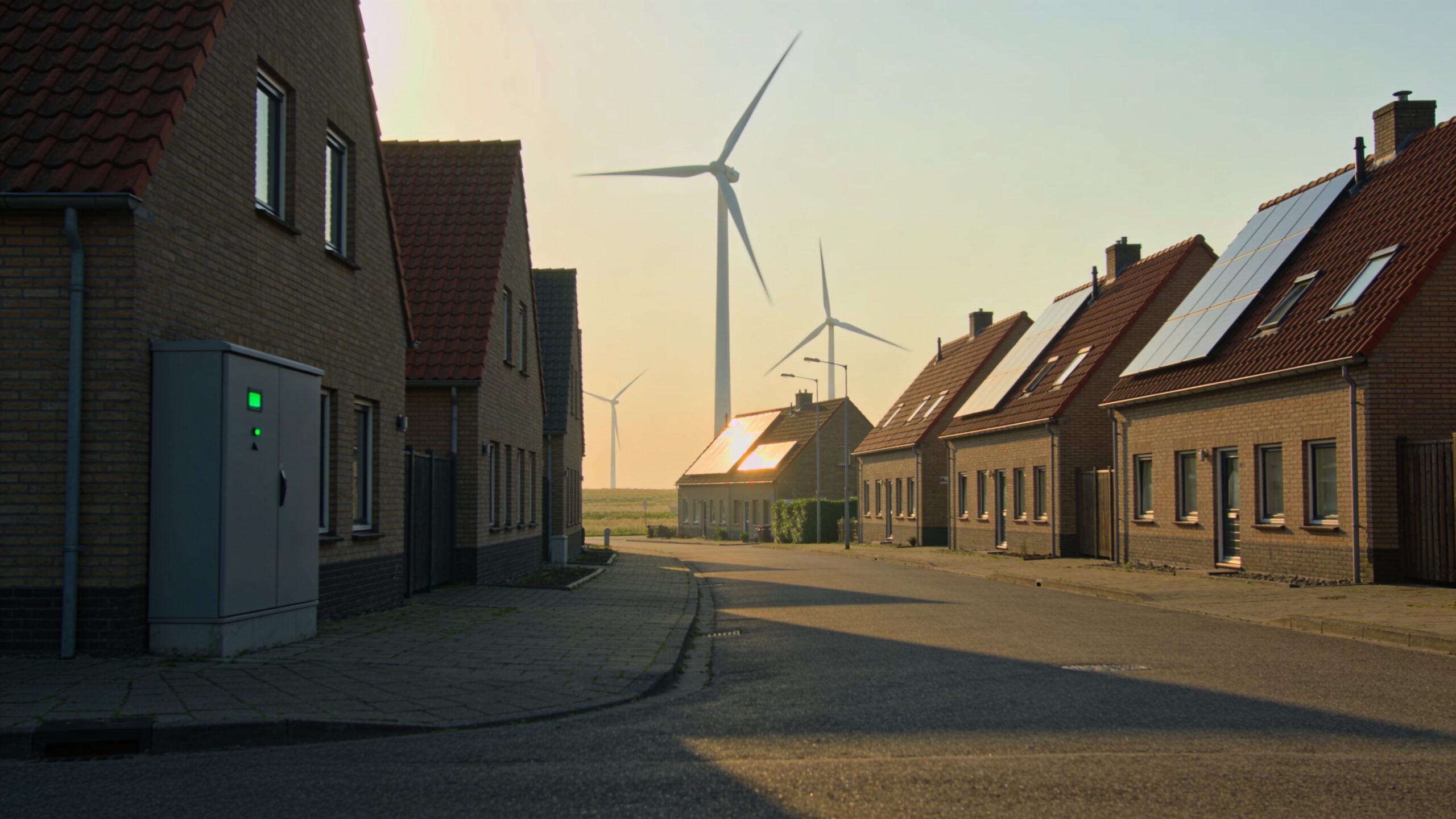 Nederlandse woonwijk met zonnepanelen op de daken en windmolens aan de horizon