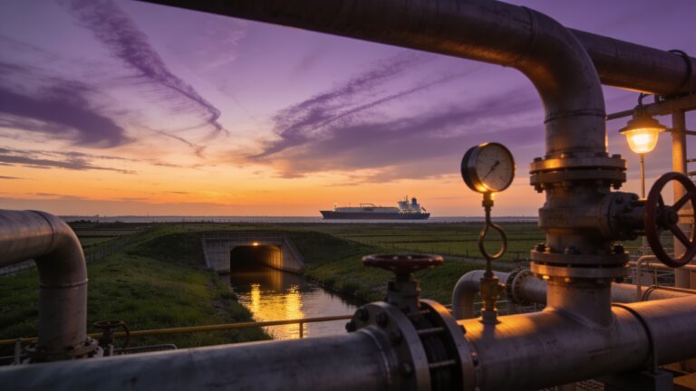 Industriele leidingen van een Nederlandse gasopslag bij avondlicht, met LNG-tanker op de horizon