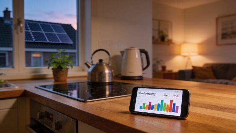 Smartphone toont grafiek van kwartierprijzen naast keukenapparaten in een Nederlandse woonkamer