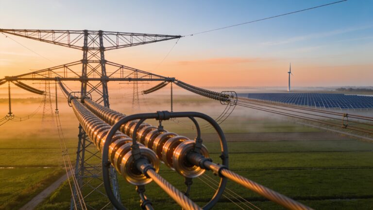 Nederlands elektriciteitsonderstation met hoogspanningsmasten bij zonsondergang