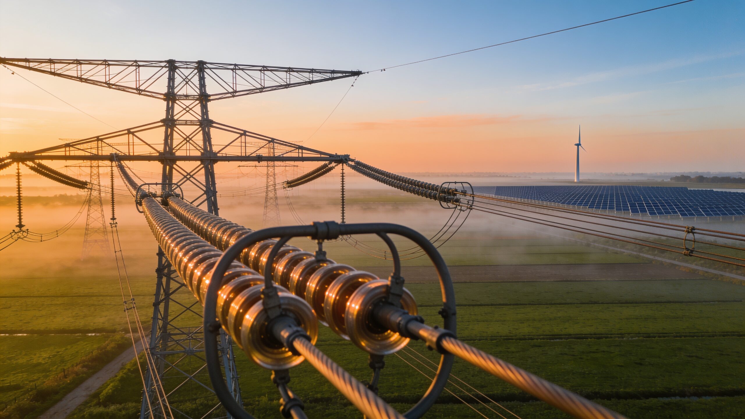 Nederlands elektriciteitsonderstation met hoogspanningsmasten bij zonsondergang