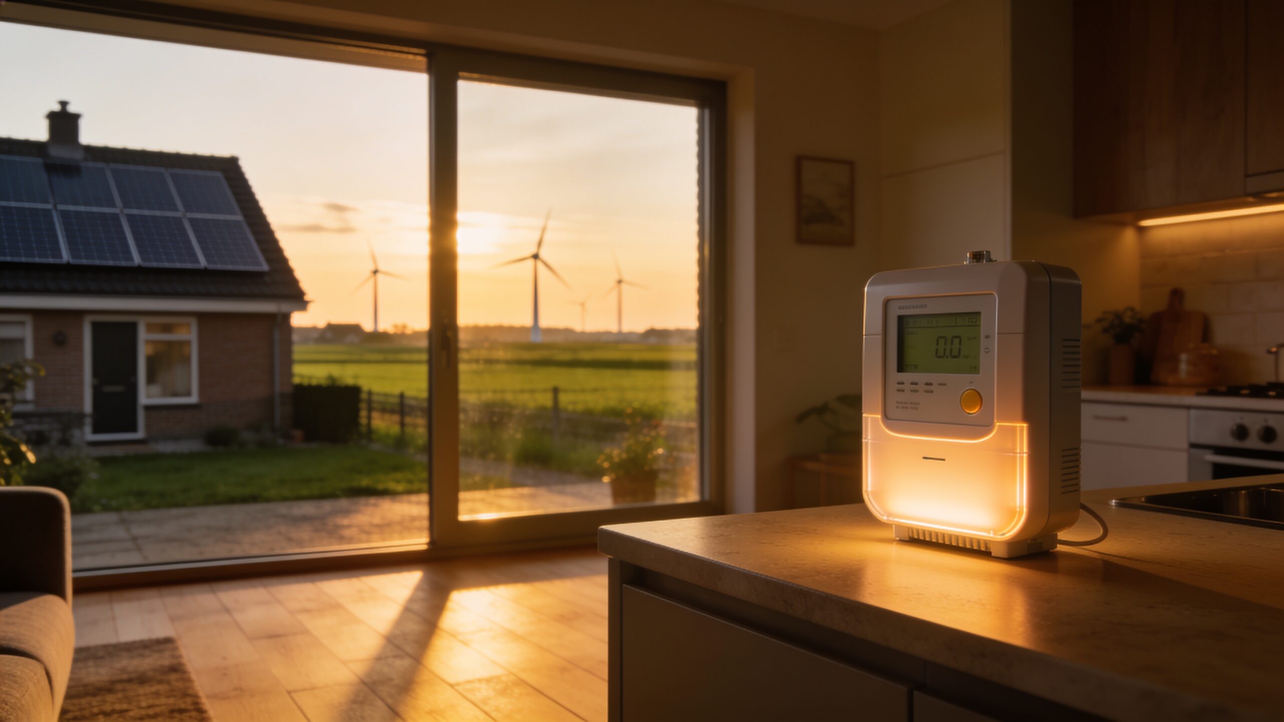 Nederlandse woonkamer met slimme energiemeter in avondlicht, met op de achtergrond zonnepanelen en windmolens in een polderlandschap