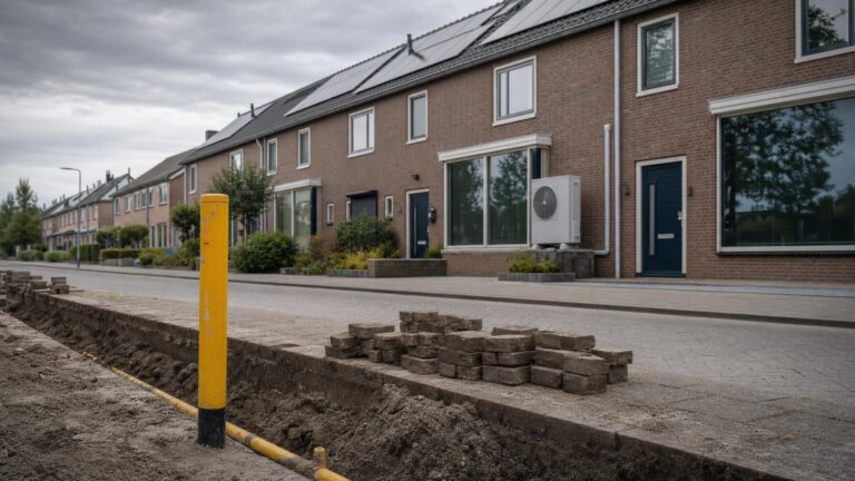 Opengebroken stoep met gele gasleiding voor een rij Nederlandse woningen met zonnepanelen