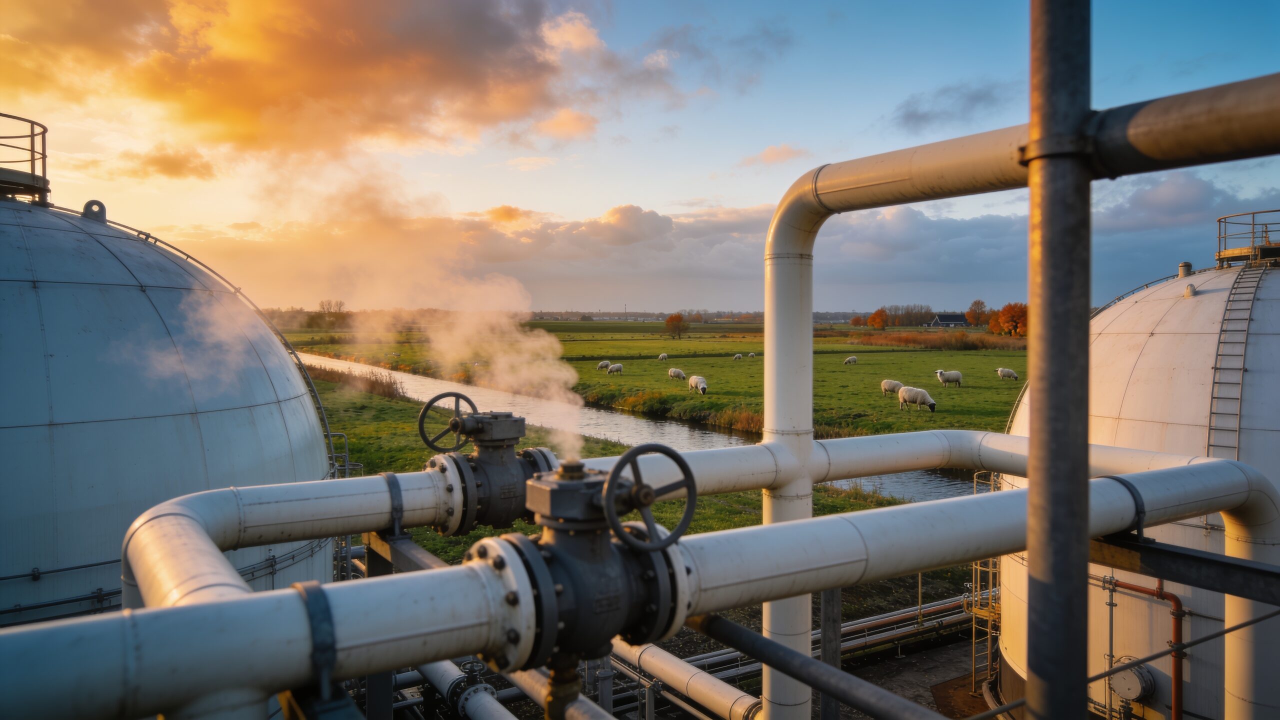 Industriële gasopslaginstallatie in het Nederlandse polderlandschap bij avondlicht