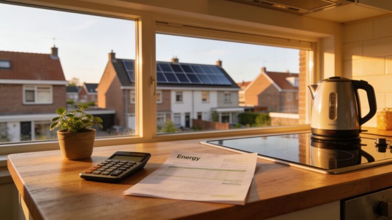 Energierekening en rekenmachine op een keukentafel in een Nederlandse woning met zonnepanelen op de achtergrond