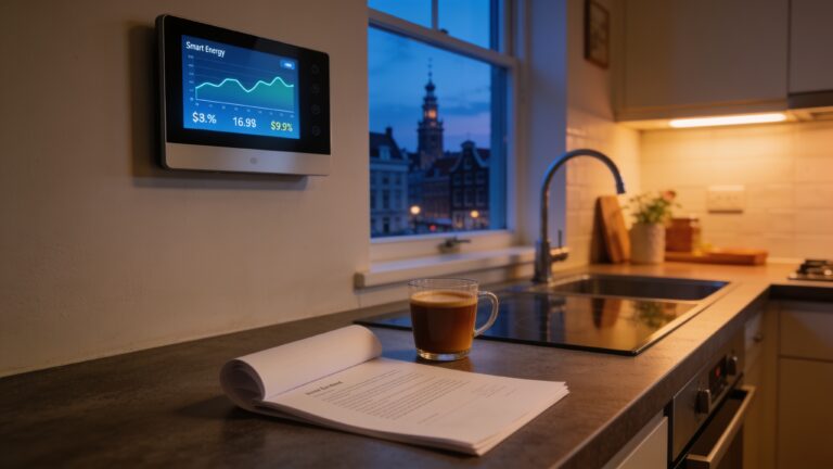 Smart energy display in een moderne Nederlandse keuken met grafiek van gas- en stroomprijzen