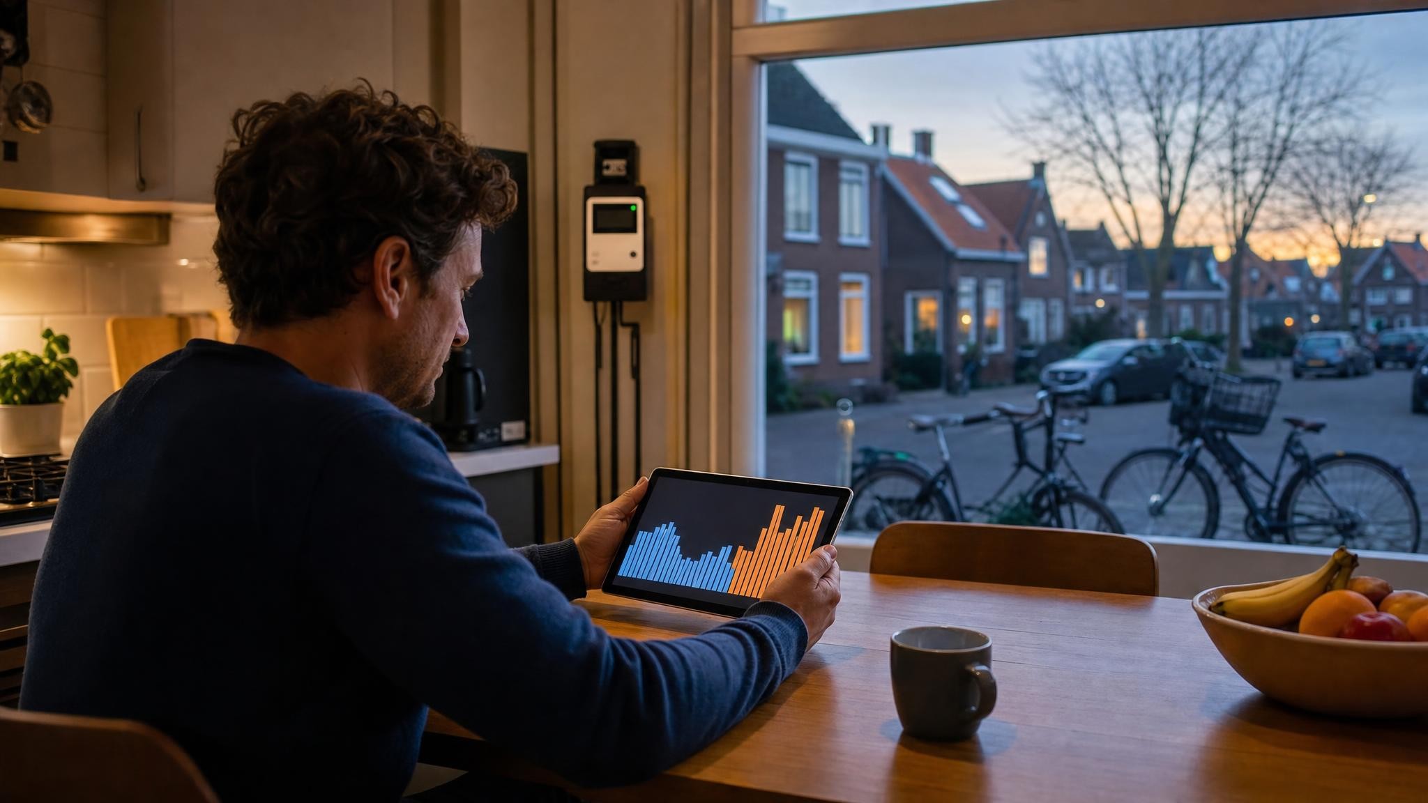 Persoon in een Nederlandse keuken bekijkt een grafiek van energieverbruik op een tablet