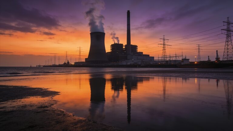 Nederlandse kolencentrale bij de kust in avondlicht met dampende koeltorens en hoogspanningsmasten