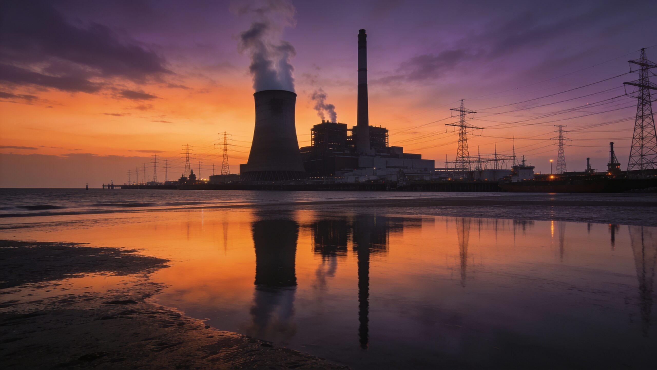 Nederlandse kolencentrale bij de kust in avondlicht met dampende koeltorens en hoogspanningsmasten