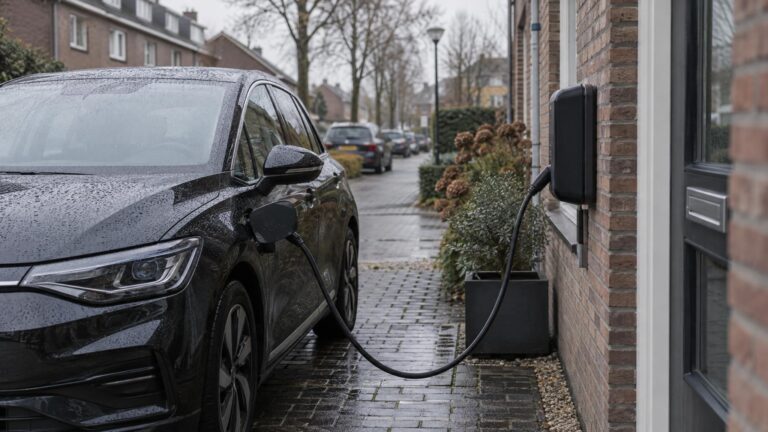 Donkere elektrische auto aan een wallbox op een bakstenen oprit bij een Nederlands rijtjeshuis