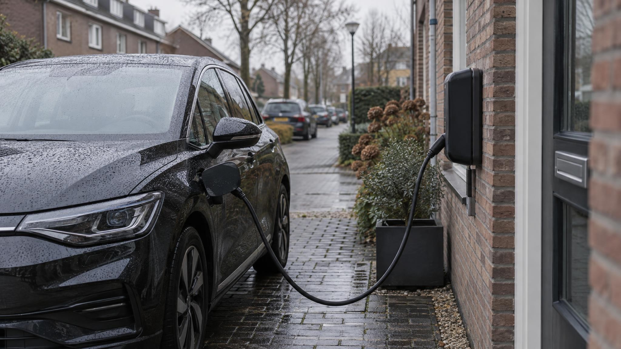 Donkere elektrische auto aan een wallbox op een bakstenen oprit bij een Nederlands rijtjeshuis