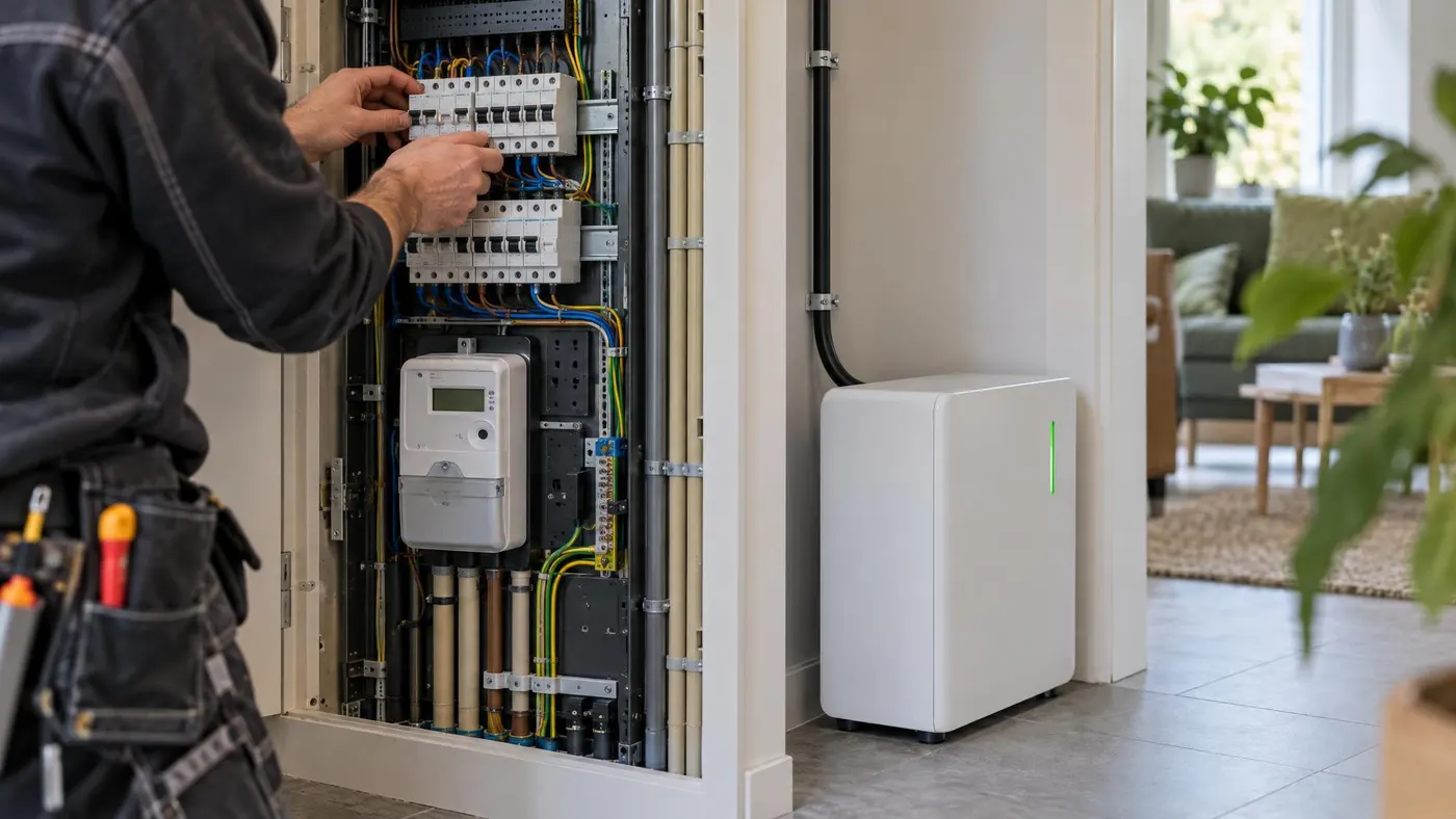 Installateur werkt in de meterkast aan een aparte groep, met een thuisbatterij ernaast op de vloer