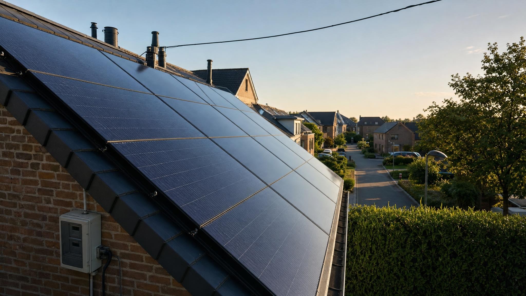 Zonnepanelen op het dak van een Nederlands rijtjeshuis in de late namiddagzon