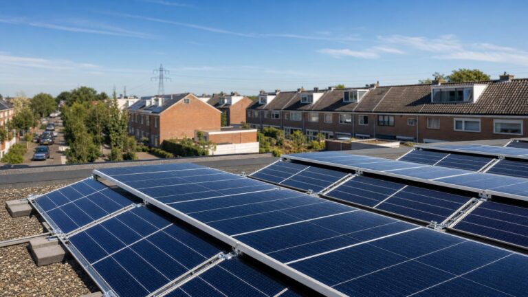 Zonnepanelen op het dak van een Nederlands rijtjeshuis op een zonnige middag
