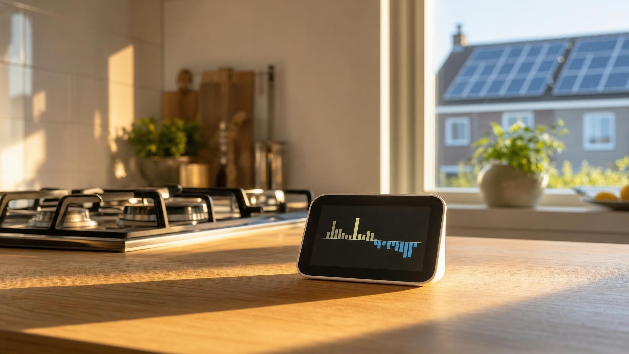 Keuken met slim energiedisplay op het aanrecht in het middaglicht