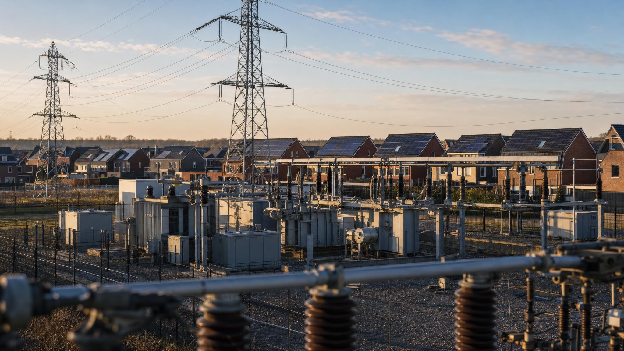 Hoogspanningsstation met transformatoren aan de rand van een woonwijk met zonnepanelen op de daken